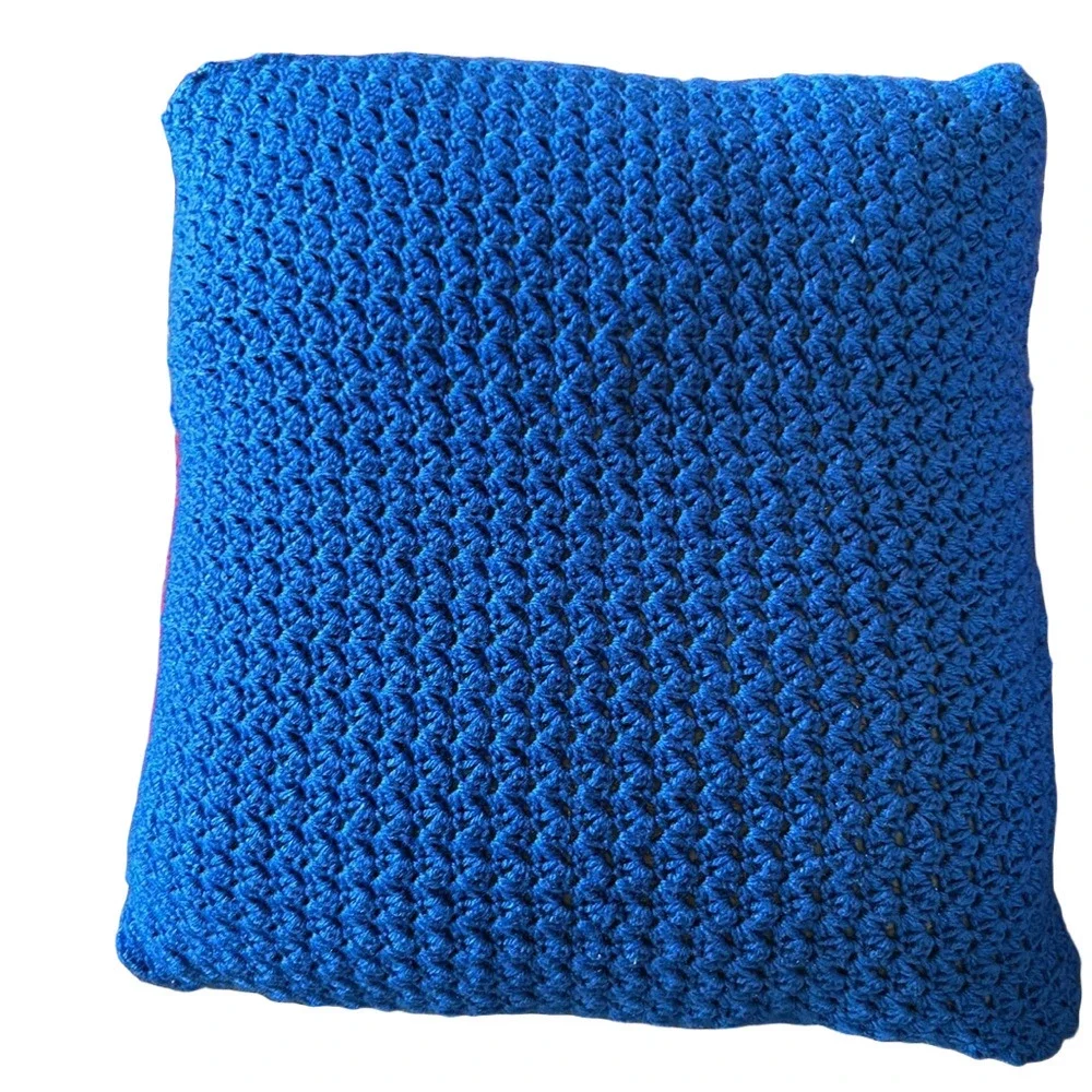 Hand Crafted Bright Blue Knit Throw Pillow Cover 18 x 18 Hand Crochet Heirloom
